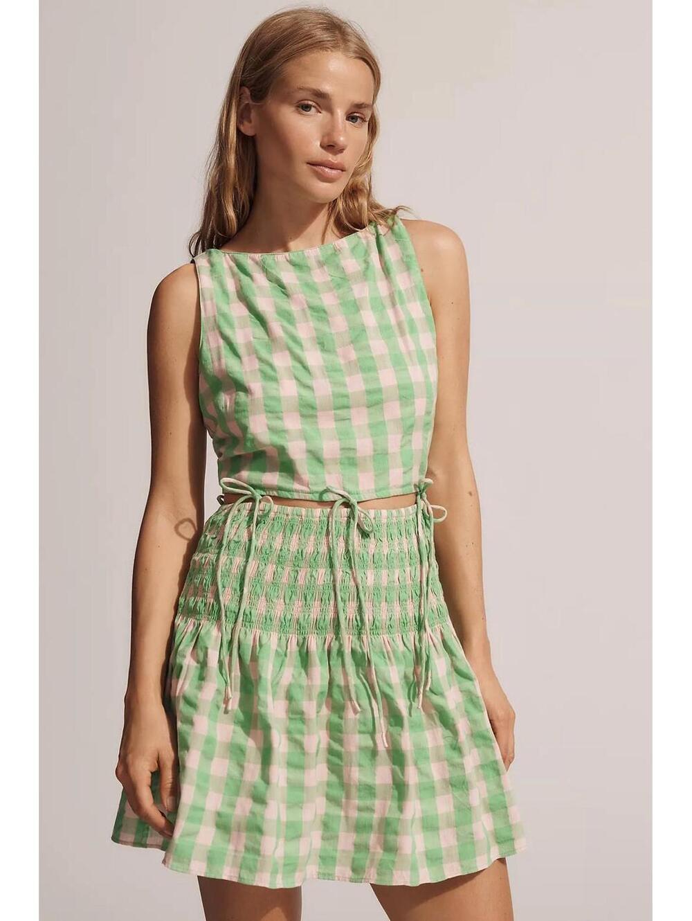 Saylor Women’s Medium Emmie Sleevelees Tie-Waist‎ Mini Dress Green Picnic Plaid